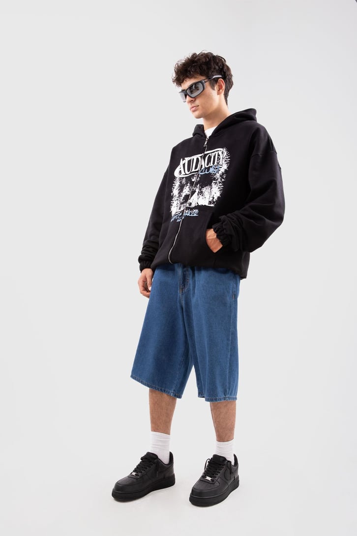 Auda City Club Plus Baskılı Siyah Oversize Hoodie