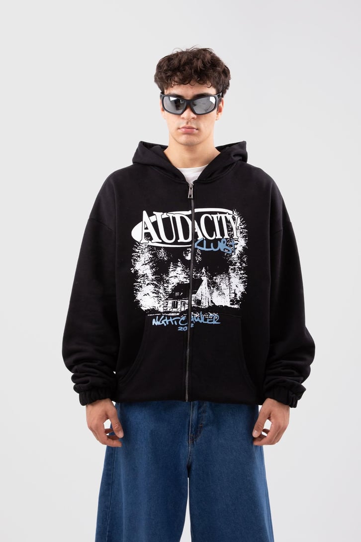 Auda City Club Plus Baskılı Siyah Oversize Hoodie
