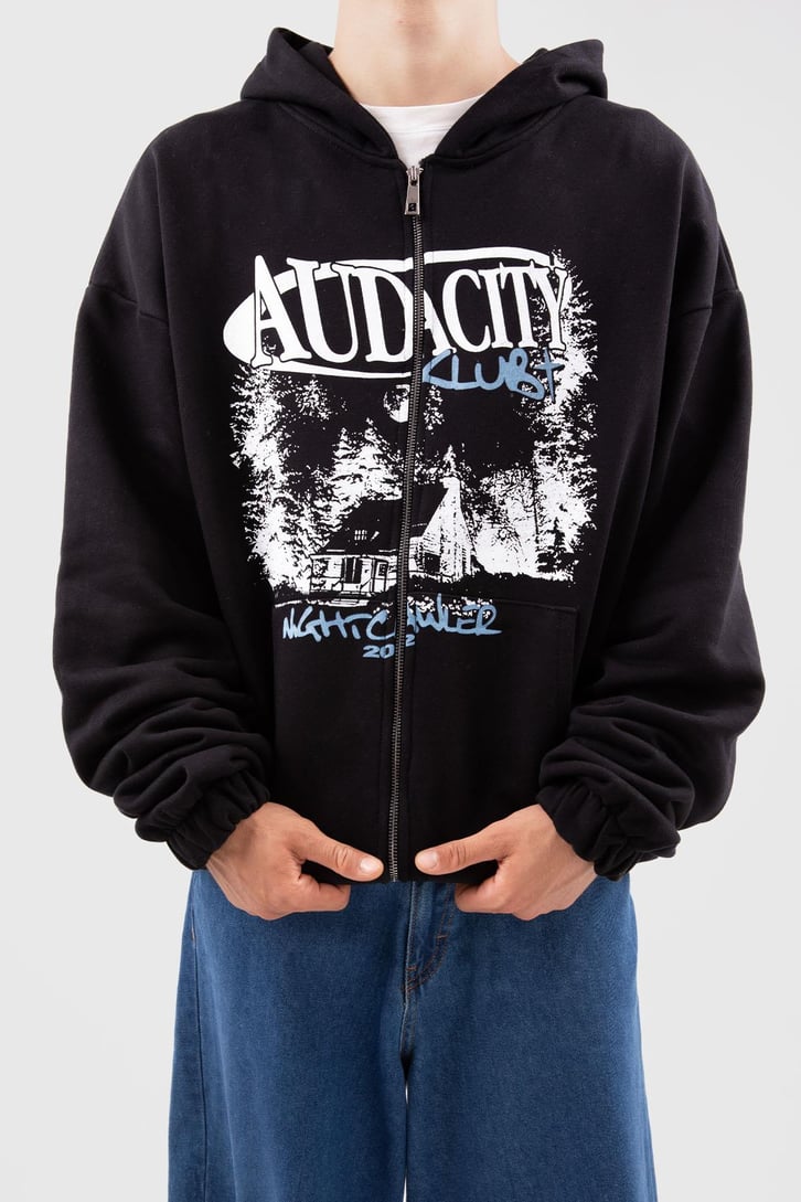Auda City Club Plus Baskılı Siyah Oversize Hoodie