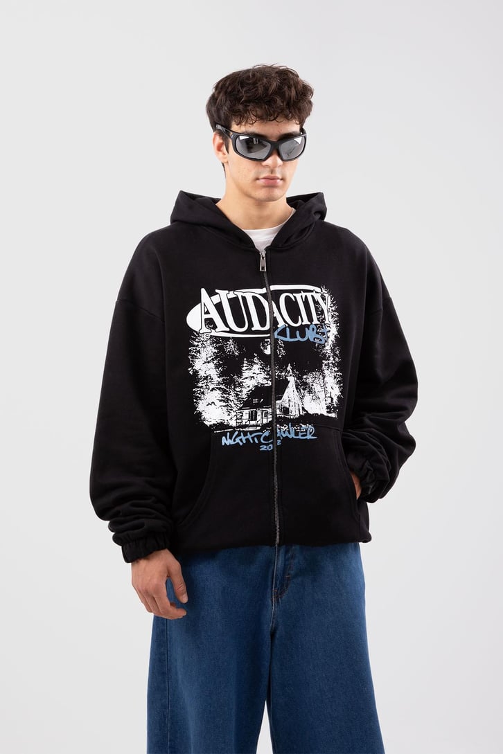 Auda City Club Plus Baskılı Siyah Oversize Hoodie