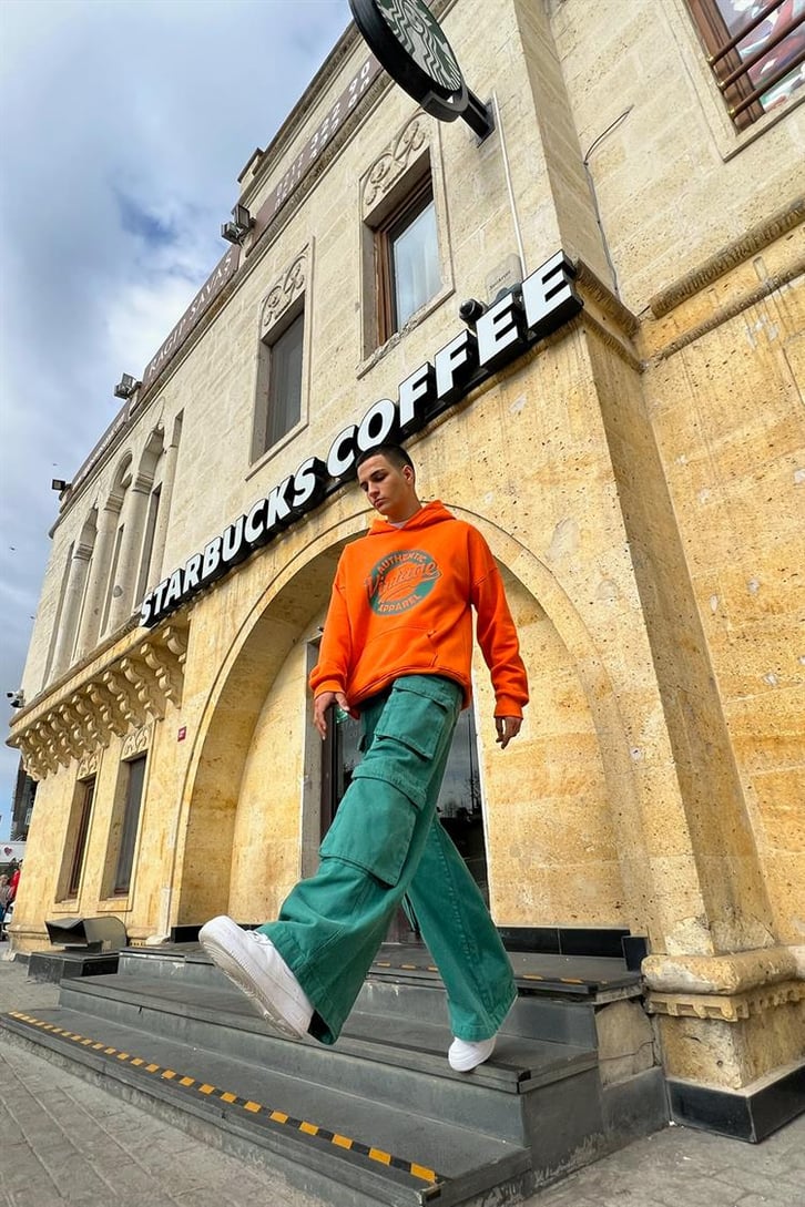 Authentic Apparel Baskılı Turuncu İçi Pamuklu Oversize Hoodie