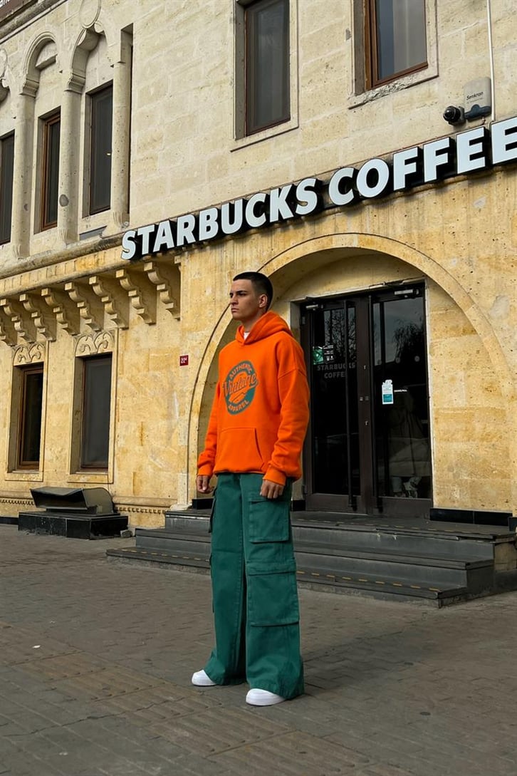 Authentic Apparel Baskılı Turuncu İçi Pamuklu Oversize Hoodie