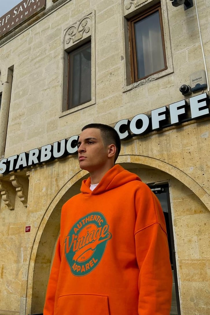 Authentic Apparel Baskılı Turuncu İçi Pamuklu Oversize Hoodie