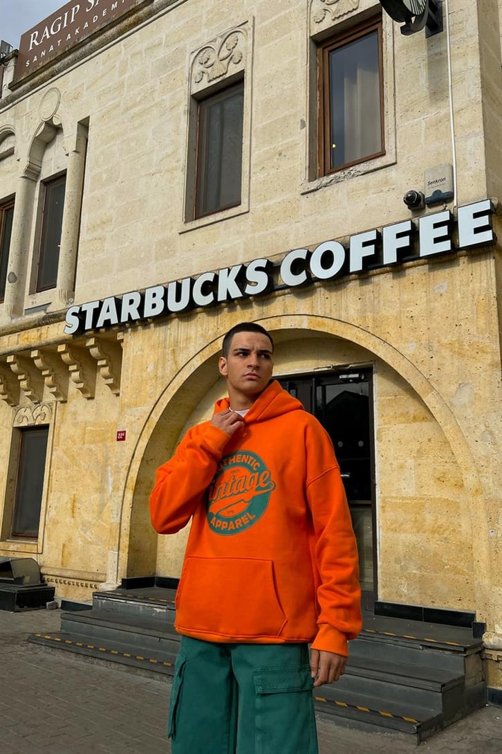 Authentic Apparel Baskılı Turuncu İçi Pamuklu Oversize Hoodie