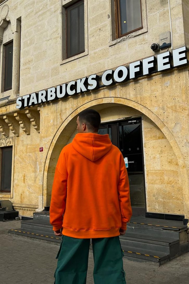 Authentic Apparel Baskılı Turuncu İçi Pamuklu Oversize Hoodie