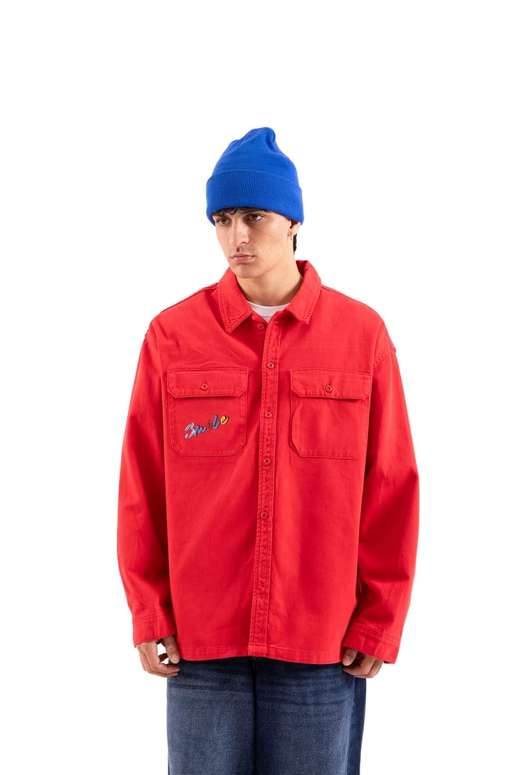 Awesome Baskılı Kırmızı Oversize Gömlek