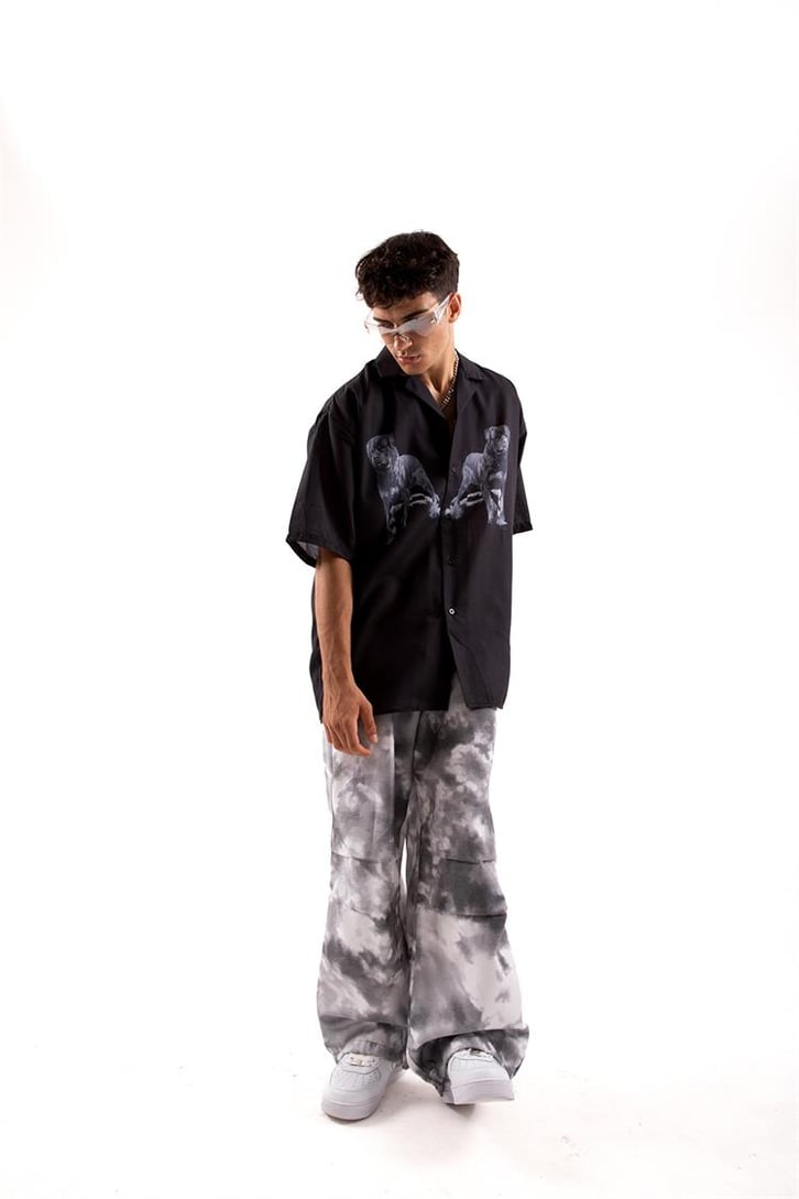 Ayarlanabilir Paça Gri Batik Desen Pantolon