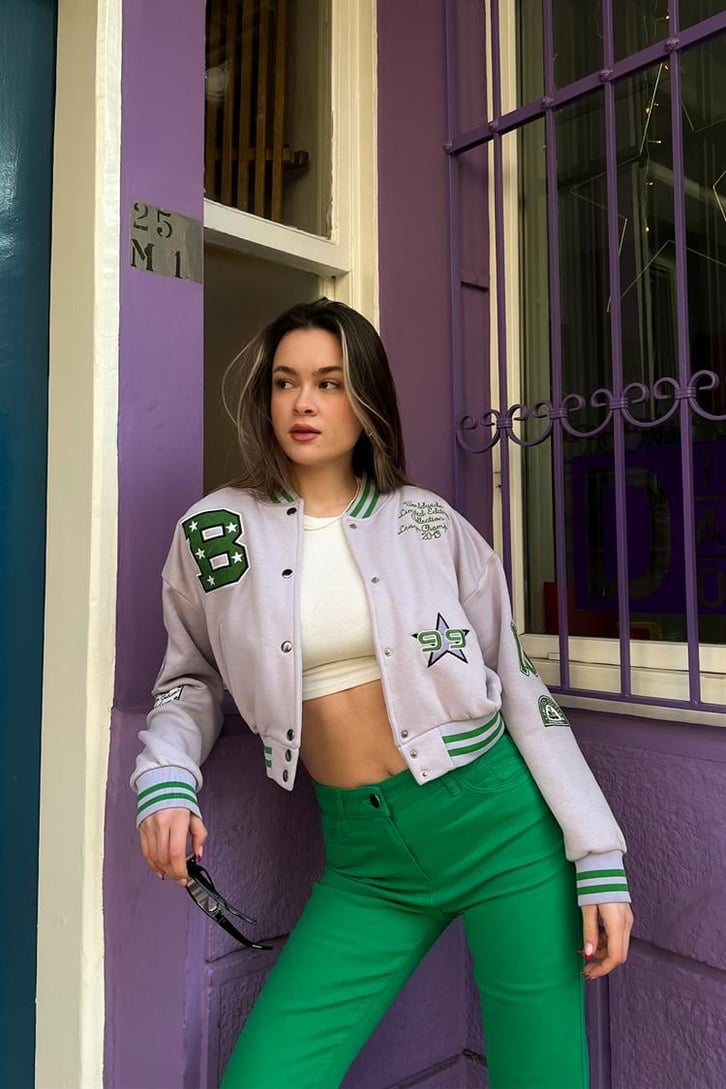 B99 Patch Detay Lila Kolej Ceket