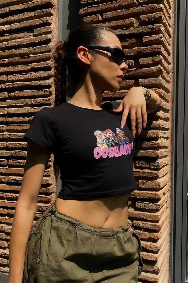 Baby Baskılı Siyah Crop