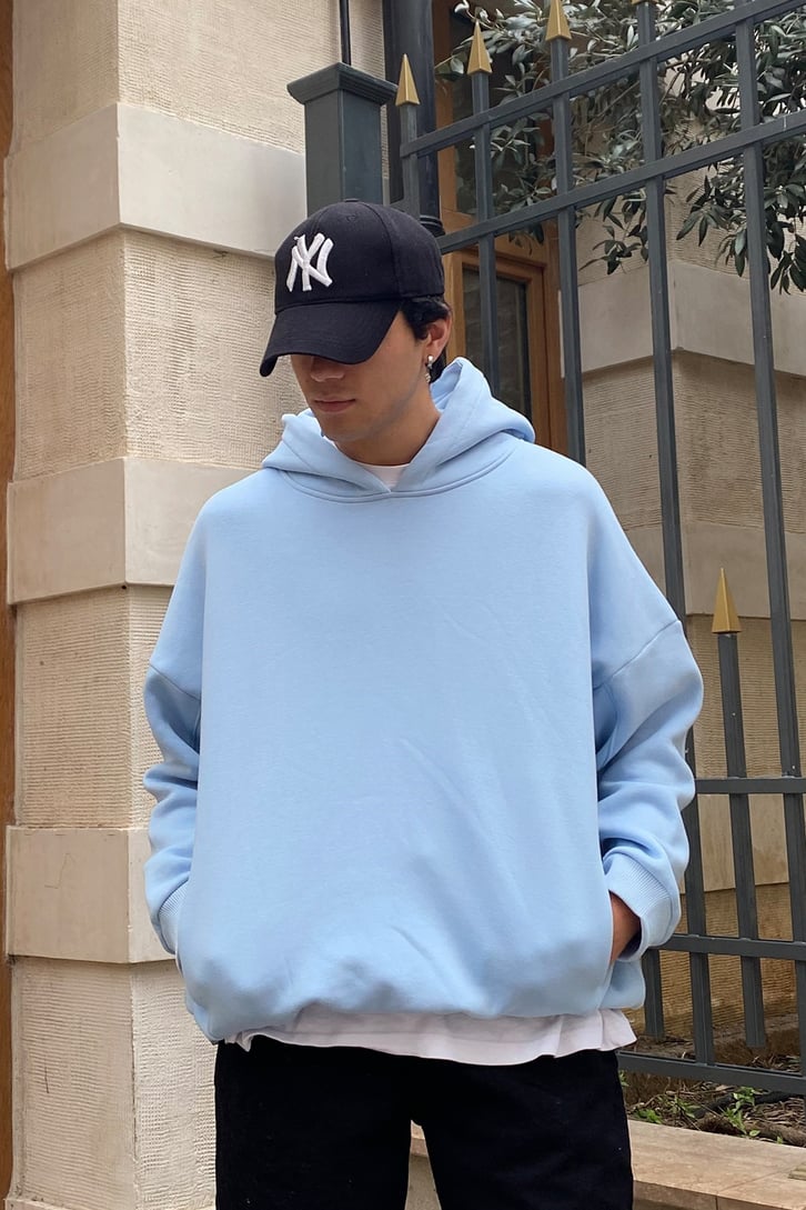 Baby Blue Oversize Nakış Detay Premium Hoodie