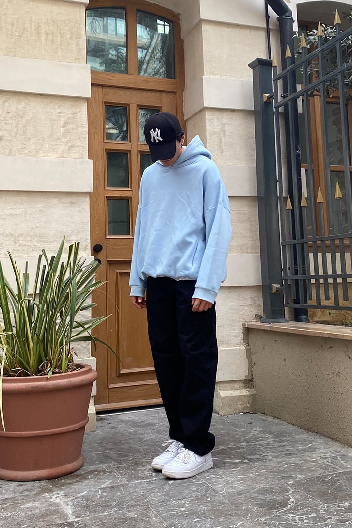 Baby Blue Oversize Nakış Detay Premium Hoodie