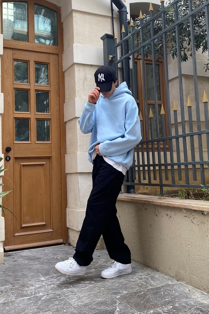 Baby Blue Oversize Nakış Detay Premium Hoodie