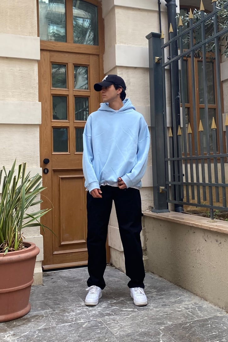 Baby Blue Oversize Nakış Detay Premium Hoodie