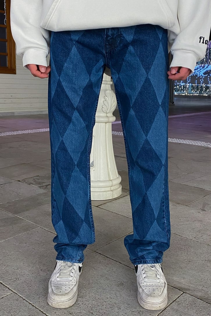 Baklava Desen Laser Print Losse Fit Jean
