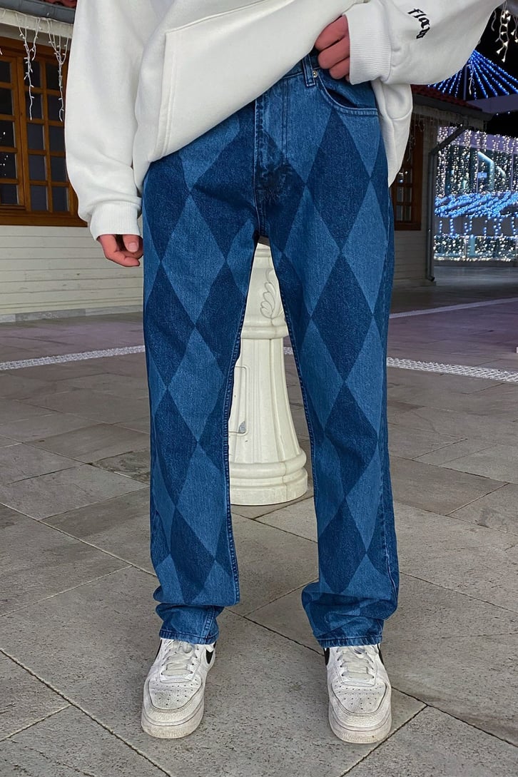 Baklava Desen Laser Print Losse Fit Jean