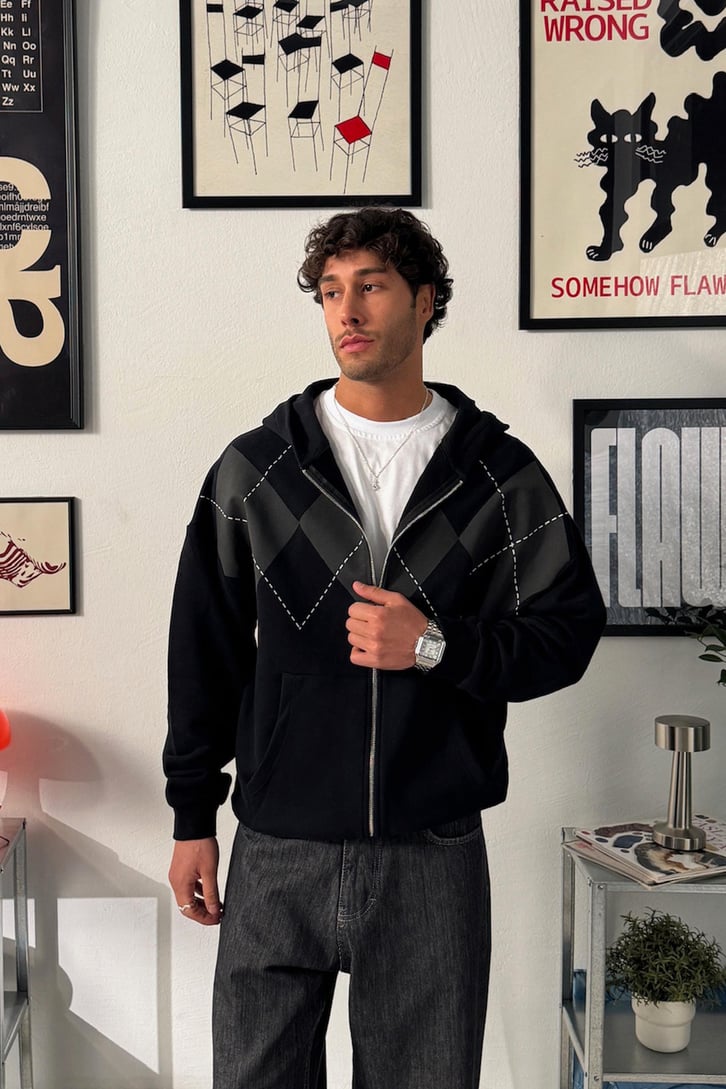 Baklava Desenli Zip Hoodie