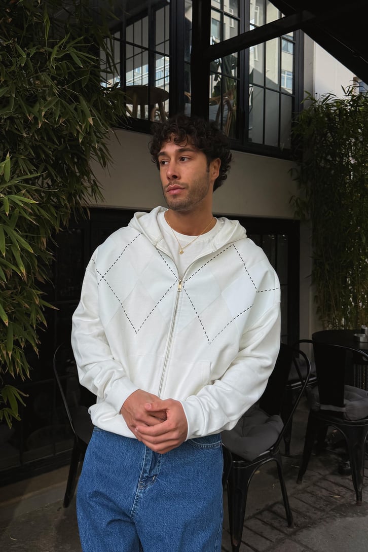 Baklava Desenli Zip Hoodie