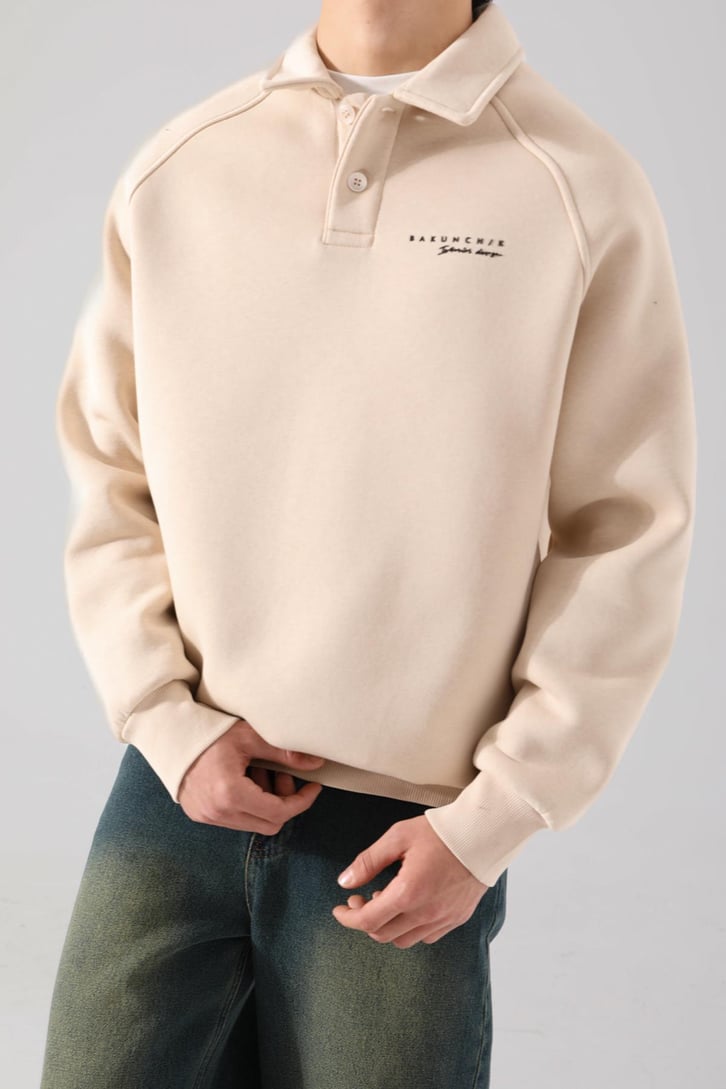 Bakunchık Baskılı Polo Yaka Bej Sweatshirt