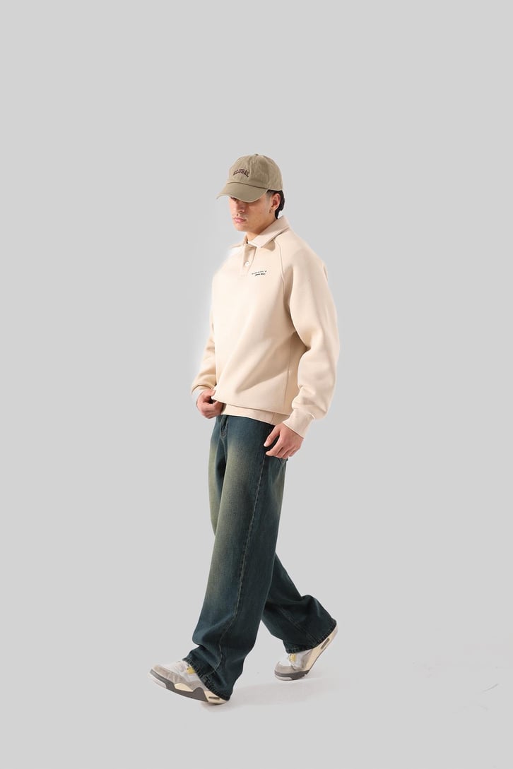 Bakunchık Baskılı Polo Yaka Bej Sweatshirt
