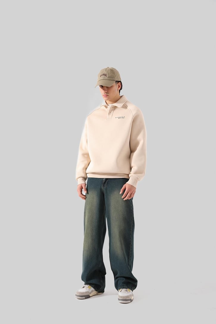 Bakunchık Baskılı Polo Yaka Bej Sweatshirt