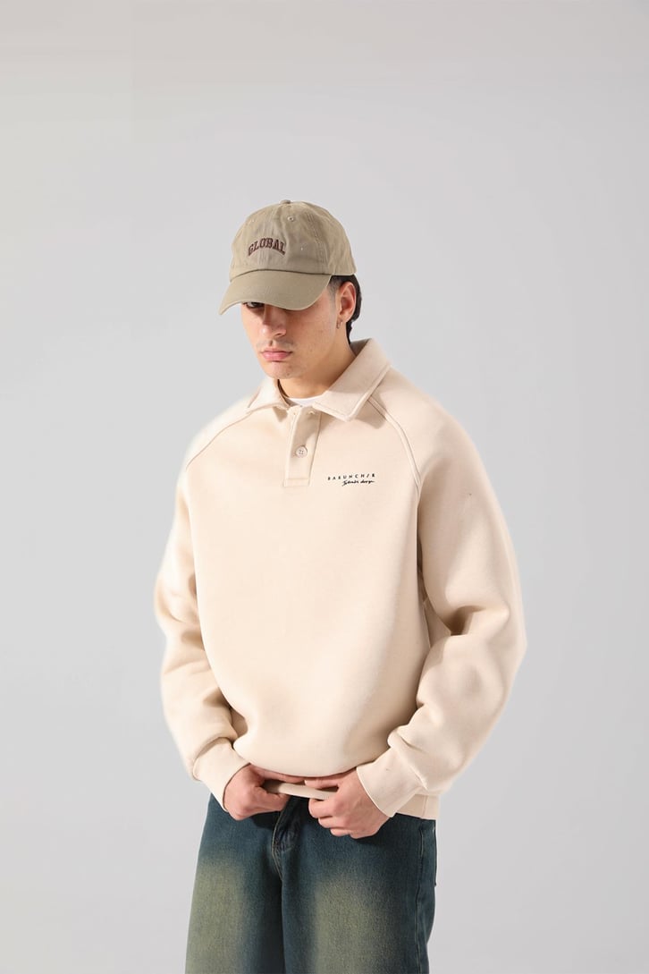 Bakunchık Baskılı Polo Yaka Bej Sweatshirt
