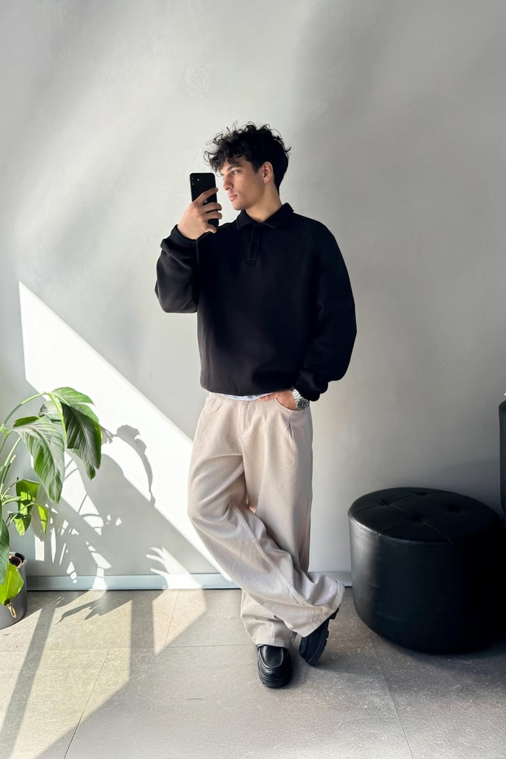 Bakunchık Baskılı Polo Yaka Siyah Sweatshirt