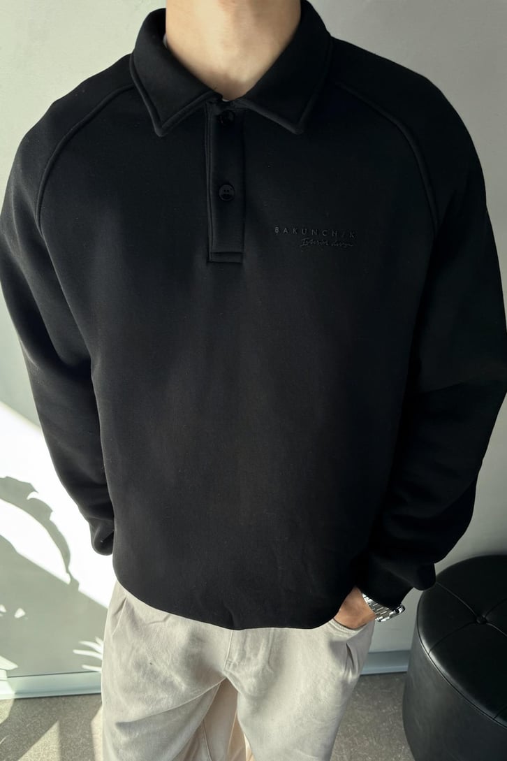 Bakunchık Baskılı Polo Yaka Siyah Sweatshirt