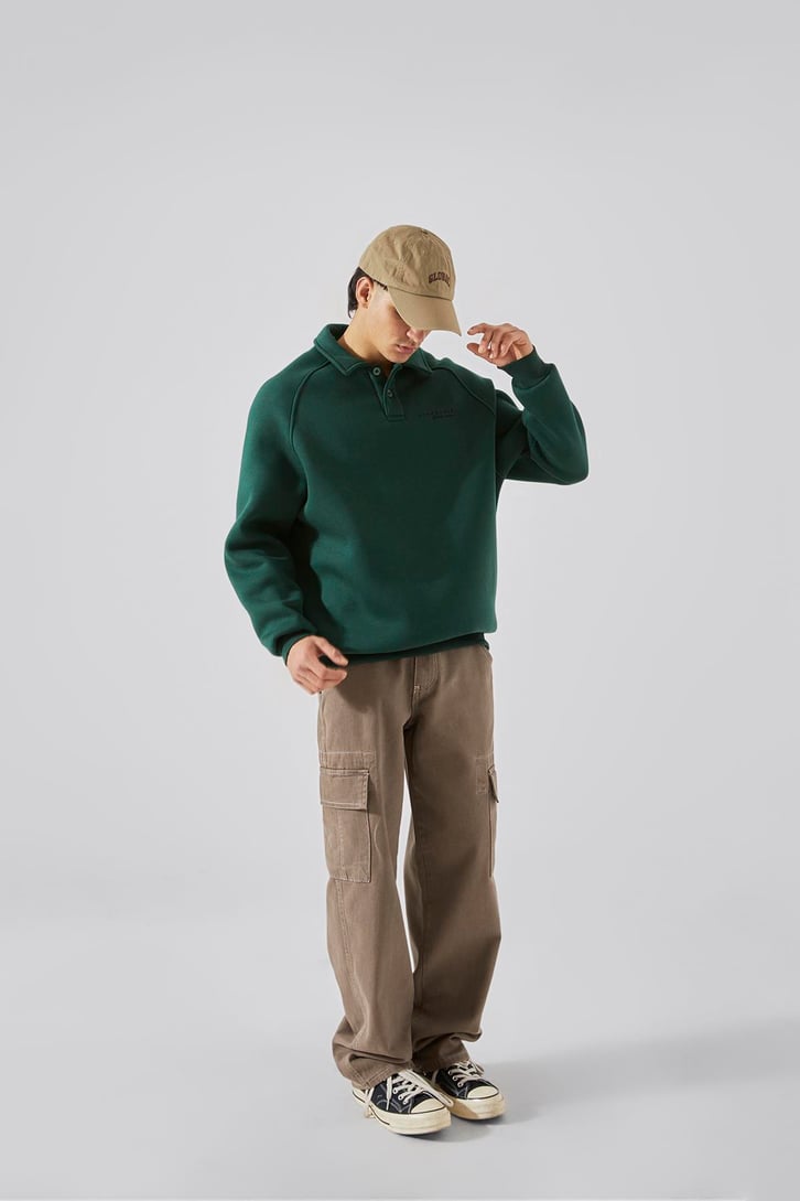 Bakunchık Baskılı Polo Yaka Yeşil Sweatshirt