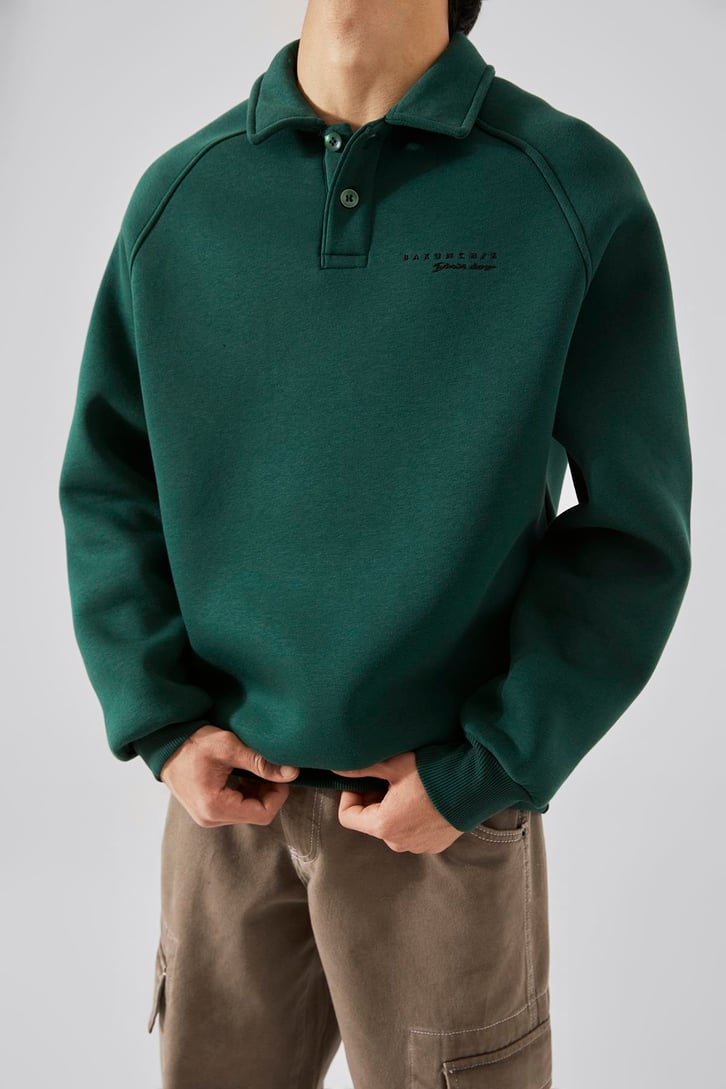 Bakunchık Baskılı Polo Yaka Yeşil Sweatshirt