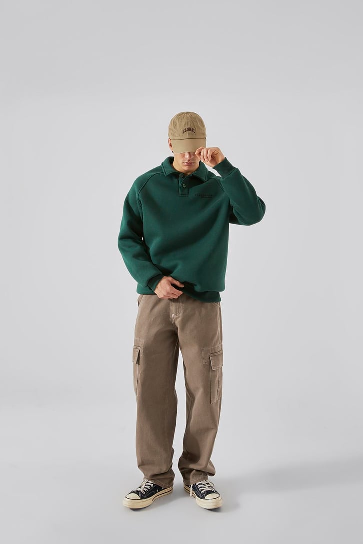 Bakunchık Baskılı Polo Yaka Yeşil Sweatshirt