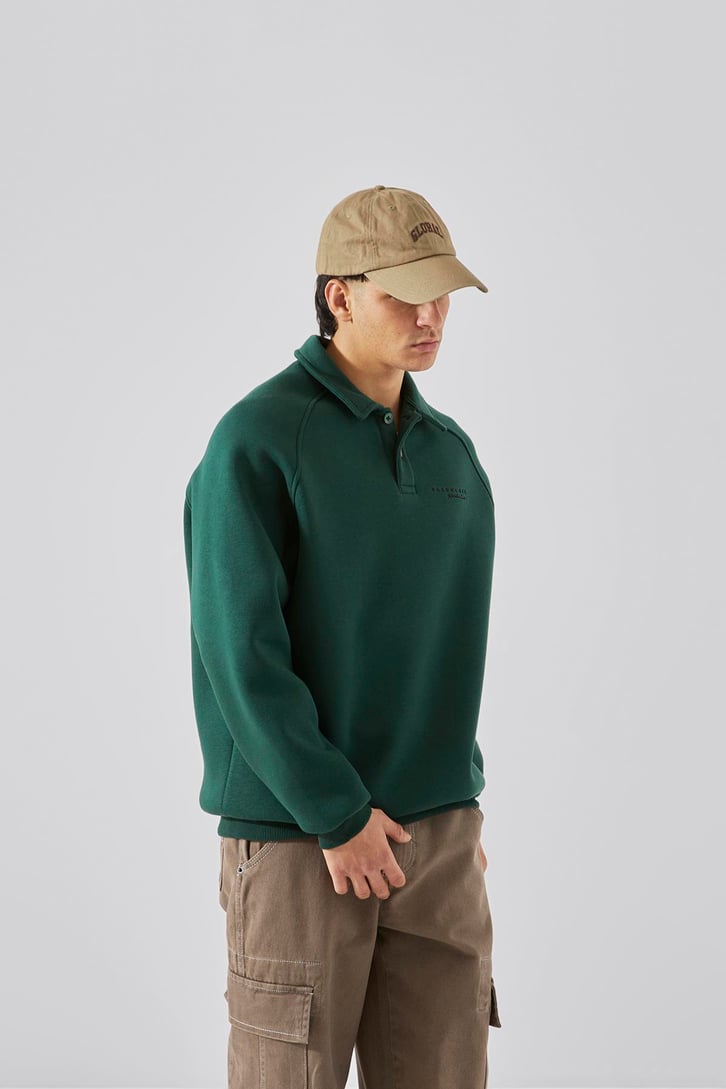 Bakunchık Baskılı Polo Yaka Yeşil Sweatshirt