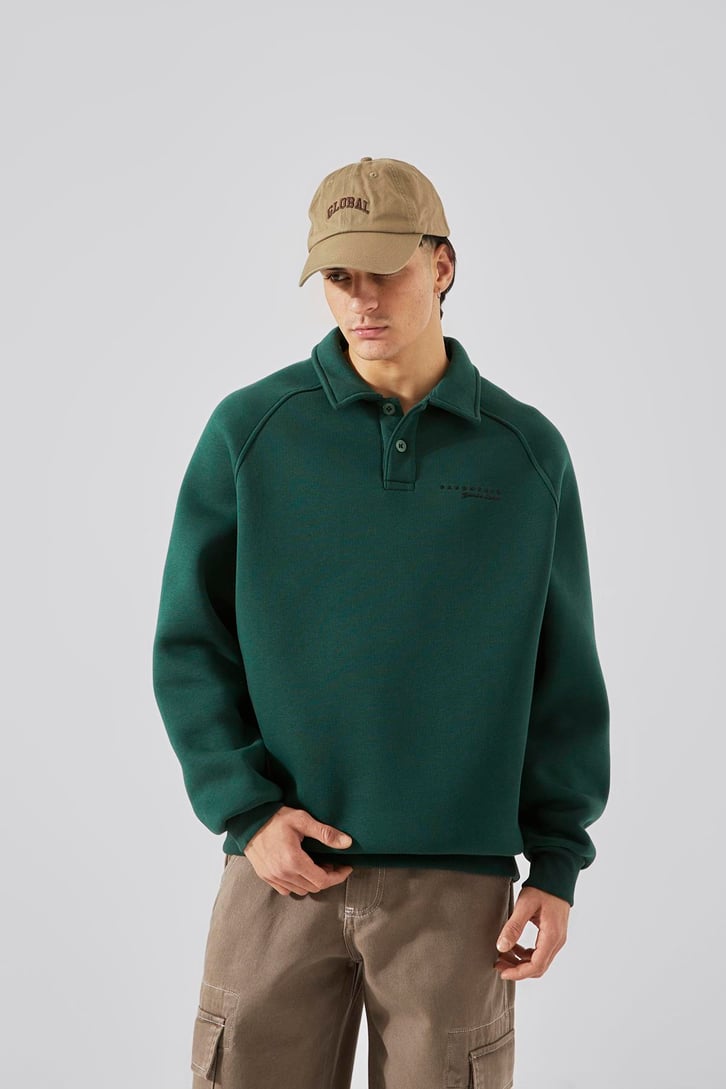 Bakunchık Baskılı Polo Yaka Yeşil Sweatshirt