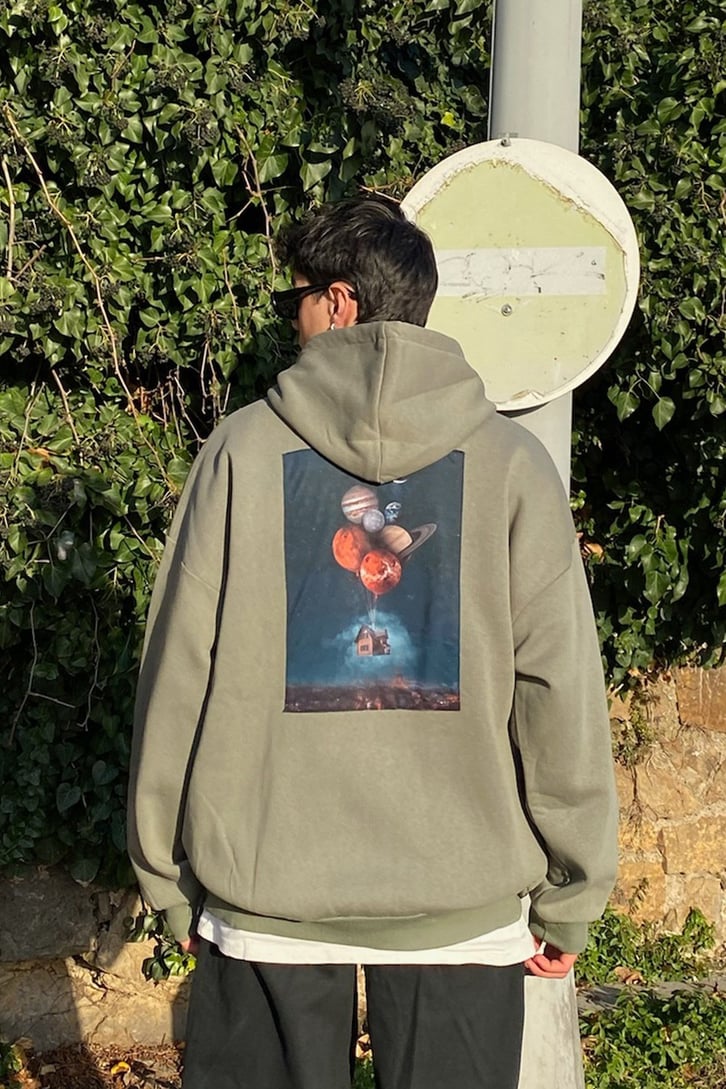 Ballon Planets Oversize Printed Khaki Hoodie