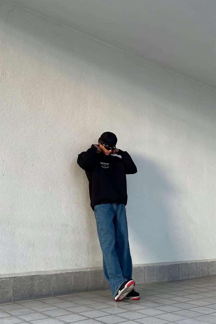 Baltimore Nakışlı Siyah Oversize Hoodie