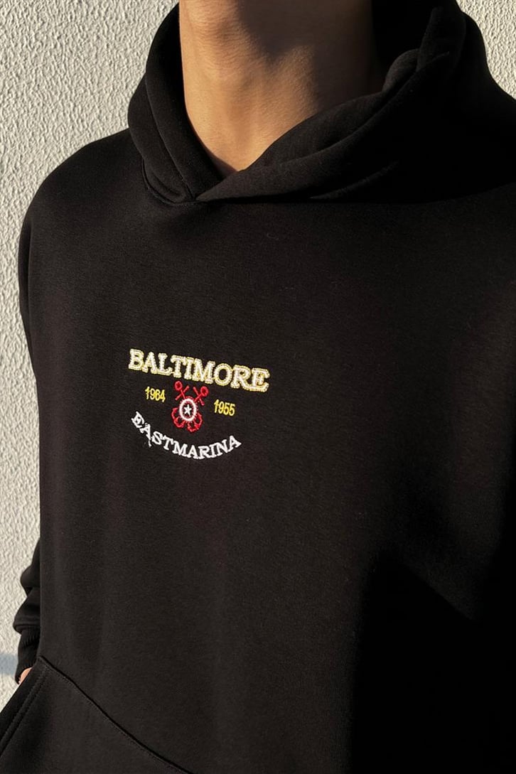 Baltimore Nakışlı Siyah Oversize Hoodie