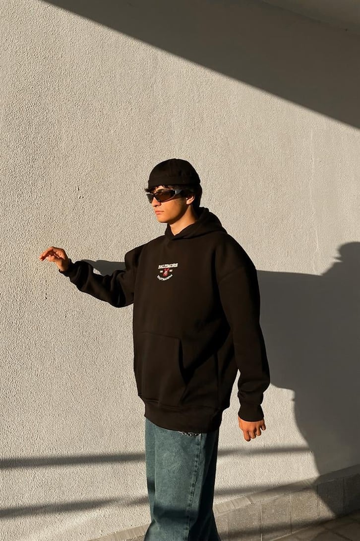 Baltimore Nakışlı Siyah Oversize Hoodie