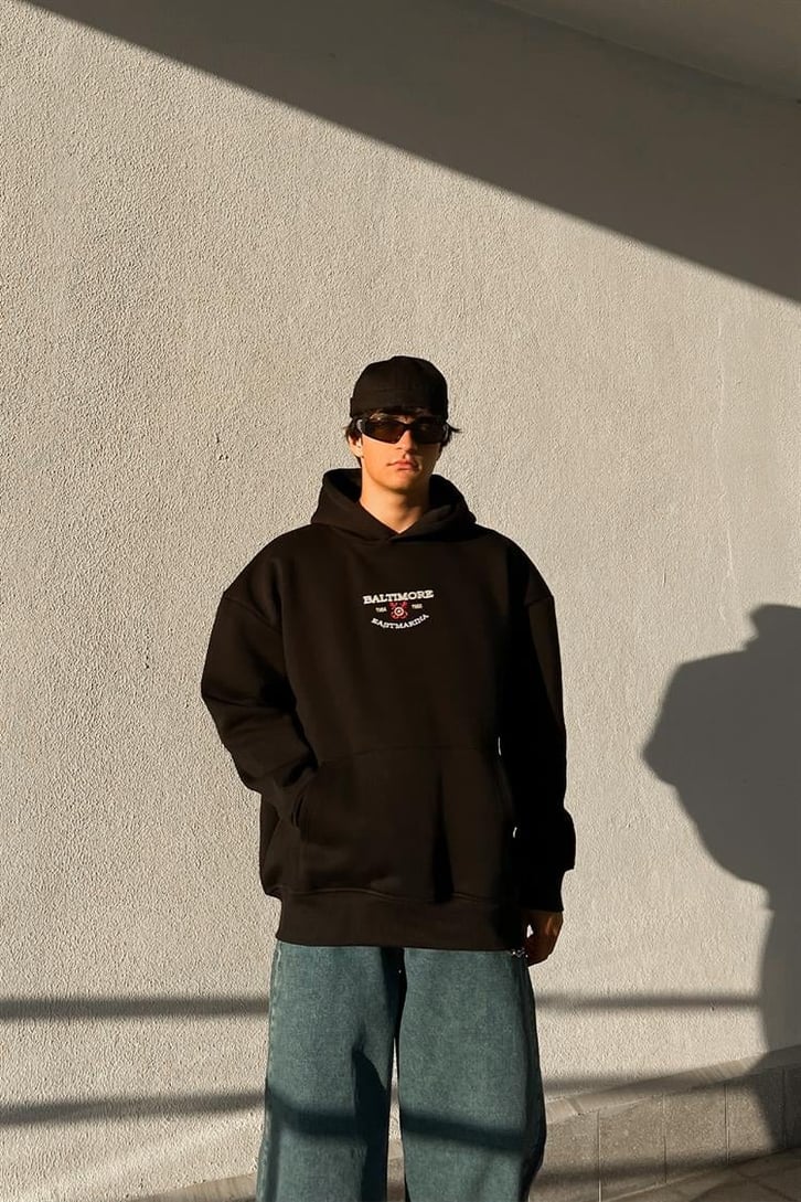 Baltimore Nakışlı Siyah Oversize Hoodie