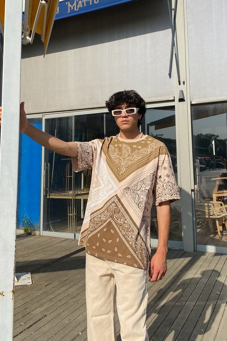 Bandana Desen Baskılı Oversize Tshirt