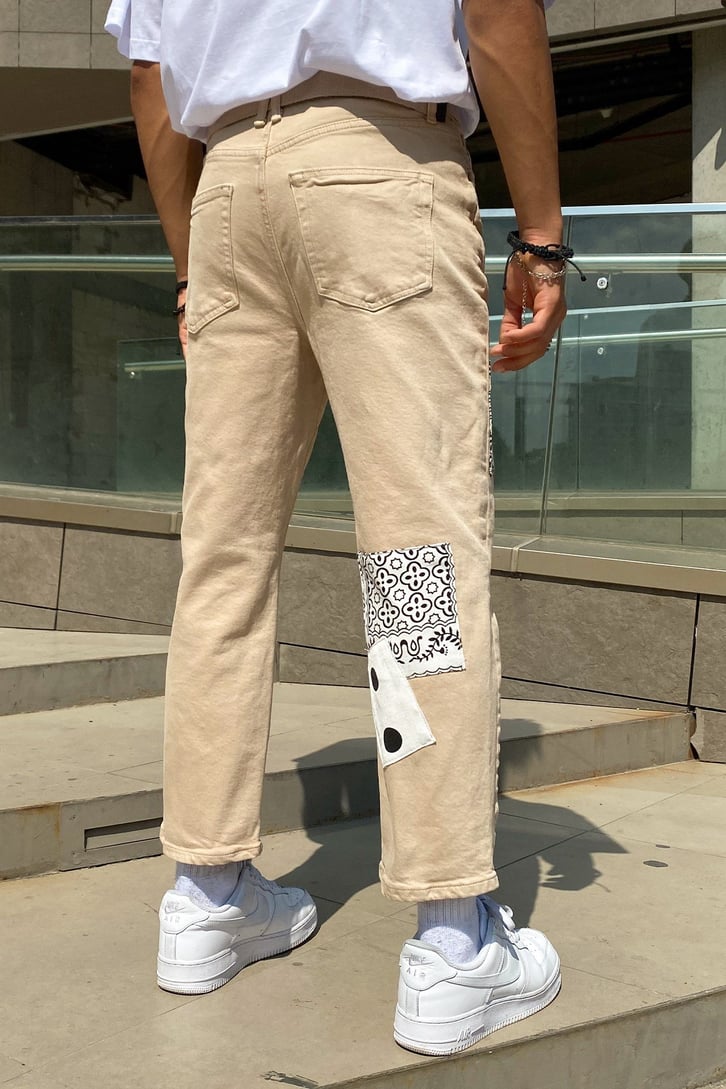 Bandana Patch Detay Bej Mom Jean