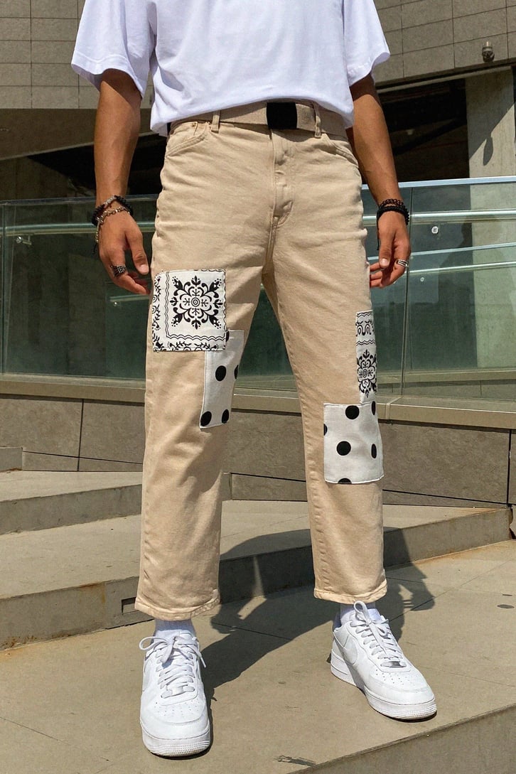 Bandana Patch Detay Bej Mom Jean