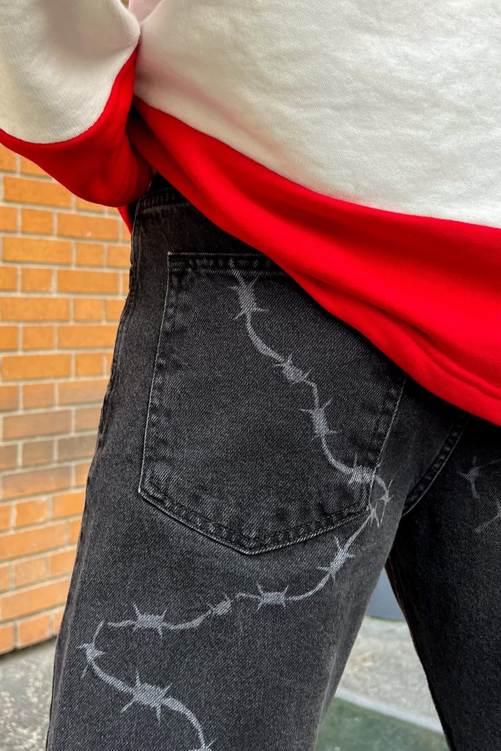 Barbed Wire Desenli Siyah Baggy Jean