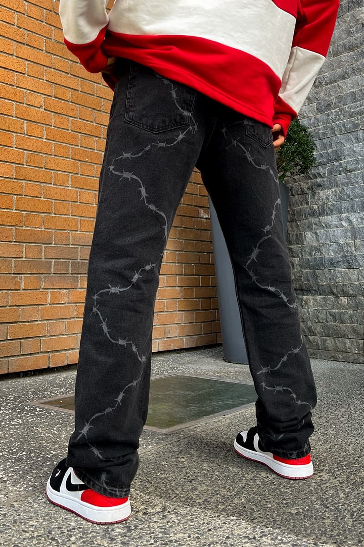 Barbed Wire Desenli Siyah Baggy Jean