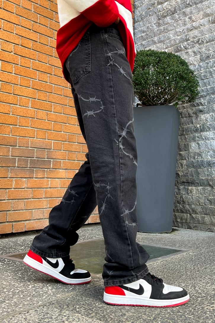 Barbed Wire Desenli Siyah Baggy Jean