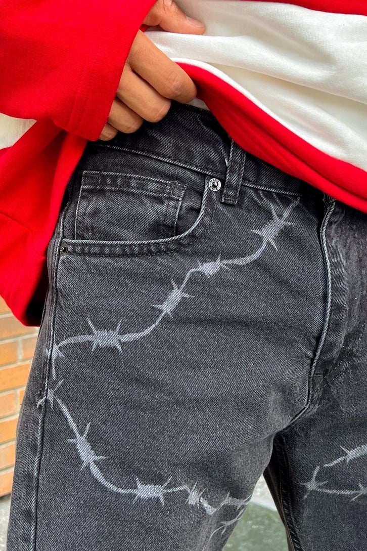 Barbed Wire Desenli Siyah Baggy Jean