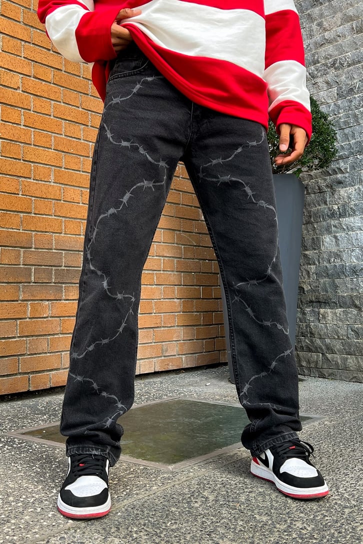 Barbed Wire Desenli Siyah Baggy Jean