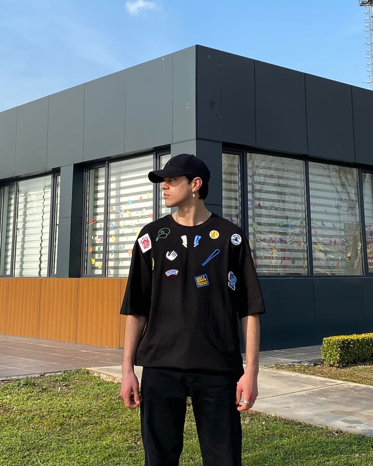Baseball Sticker Oversize Siyah Tshirt