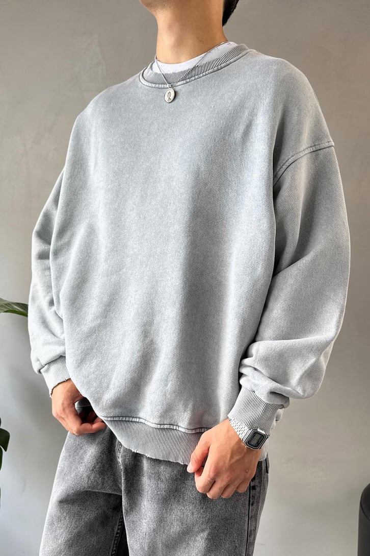 Basıc Acid Wash Bisiklet Yaka Sweatshirt