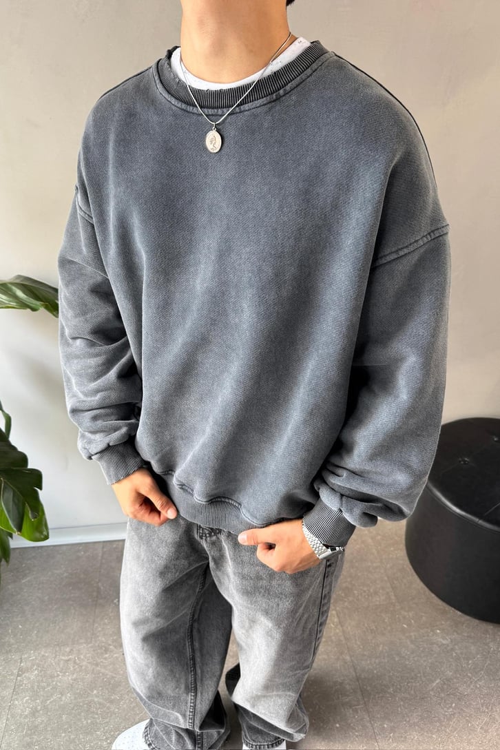 Basıc Acid Wash Bisiklet Yaka Sweatshirt