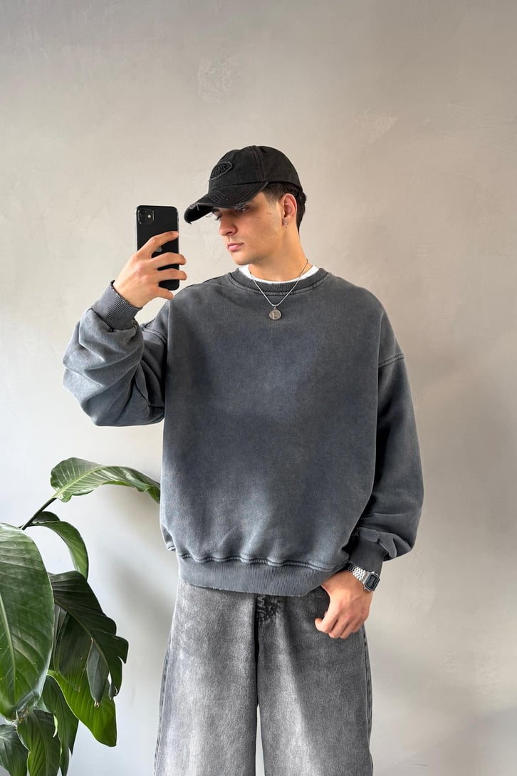 Basıc Acid Wash Bisiklet Yaka Sweatshirt