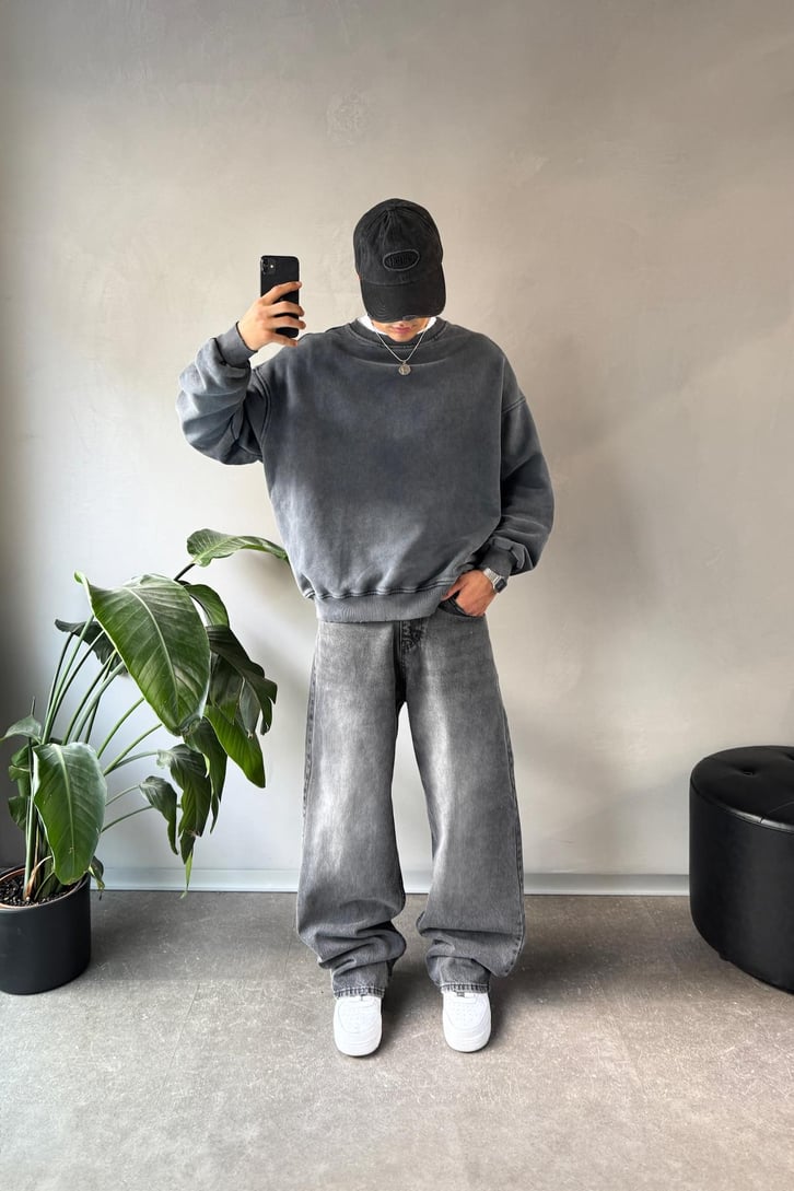 Basıc Acid Wash Bisiklet Yaka Sweatshirt